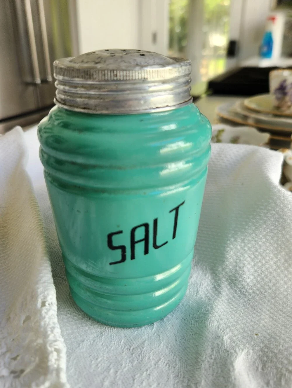 1940's Hazel Atlas Green Milk Glass Salt Shaker